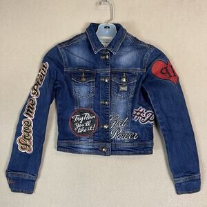 Philipp Plein Jacket Womens Junior 8 Blue Embroidered Crop Embroidered Denim